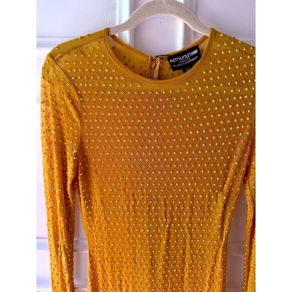 PrettyLittleThing Naomi Campbell Chartreuse Yellow Embellished Dress Size 6 Y2K - Picture 11 of 11